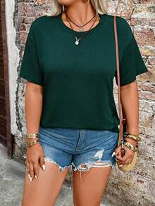 Breezaya Plus Size Women's Solid Color Minimalist Round Neck Short Sleeve T-Shirt, Fashionable For Daily Wear, Dates, Commuting In Spring/Summer - Dark Green - View 2