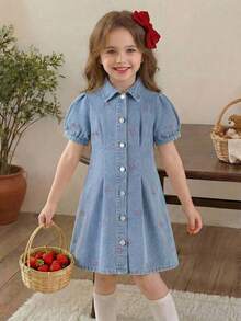 Elladie kids 少女蝴蝶結刺繡牛仔洋裝 藍色 秋季 開學季 泡泡袖 翻領 單排釦 A字版型 甜美公主風牛仔裙 - 淺色水洗藍 - 查看 6