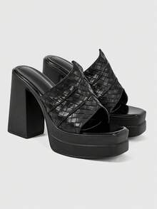 ROMWE Dép xăng đan cao gót hở mũi thời trang và thoải mái dành cho nữ, kiểu dáng punk gothic, đế dày chống thấm nước, họa tiết chữ thập, thích hợp cho mùa xuân/hè, tiệc tùng, lễ hội. - màu đen - Xem 3