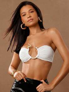 Hauture Women's Solid Color Metal Snake Design Hollow Sexy Bandeau Top - White - View 2