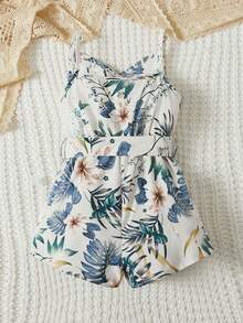 SHEIN Leap Crew Cô Gái Trẻ Bản in nhiệt đới Thắt lưng Cami Romper - Nhiều màu - Xem 2