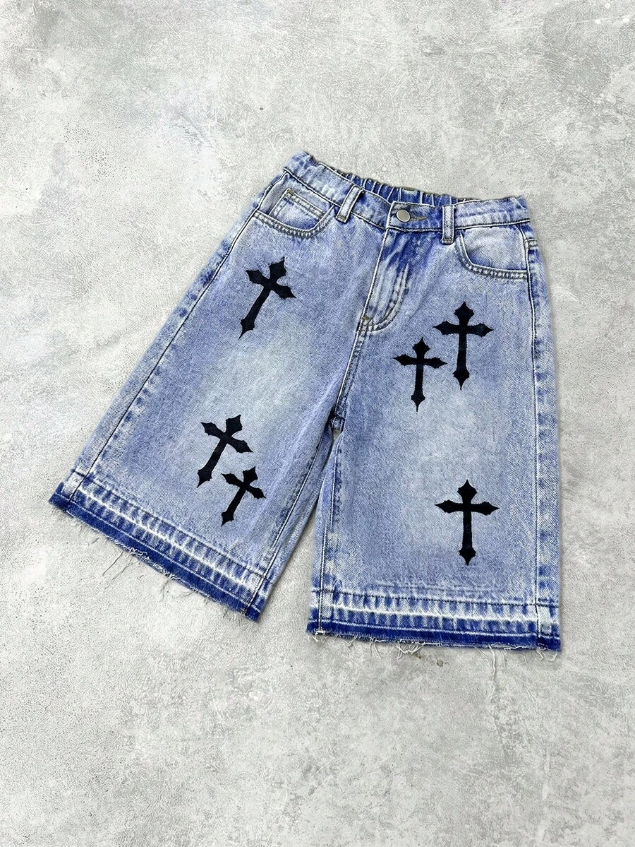 SHEIN 男童时尚休闲 Y2k 白色交叉设计黑色宽松七分牛仔短裤,柔软舒适,适合日常穿着,也适合儿童春夏穿着。 - 淺色水洗藍 - 查看 1