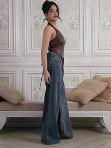 Criza Taa 女式性感时尚街头度假西部风格 PU 皮革露背系带前拉链吊带上衣，夏季 - 巧克力棕 - 查看 5