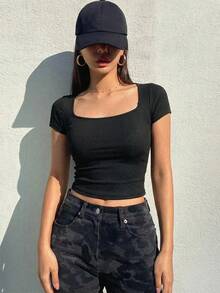 DAZY 女款素色方領短袖螺紋休閒T恤 Y2k 夏季短版上衣 - 黑色 - 查看 4