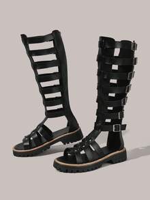 Styleloop Giày Roman mới, giày đinh tán liễu, bốt rỗng thoáng mát, sandal đế bằng cổ trung bình, kiểu dáng thường ngày, gợi cảm, thoáng khí dành cho nữ, thích hợp cho lễ hội mùa hè, bãi biển, kỳ nghỉ, tiệc tùng. - Màu đen - Xem 4