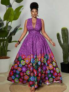 Maweii Plus Size Women's Purple Summer Boho Vacation Holiday Multicolor Print Front Keyhole Shirred Backless Criss-Cross Strap Loose Fit Maxi Dress,Beach - Multicolor - View 2