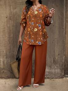 Breezaya Conjunto de 2 piezas de talla grande con estampado aleatorio, cuello con muesca holgado, estilo vintage, para verano - Multicolor - Ver 1