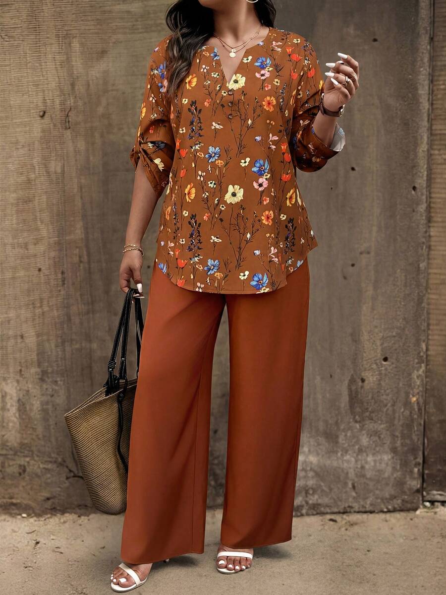 Breezaya Conjunto de 2 piezas de talla grande con estampado aleatorio, cuello con muesca holgado, estilo vintage, para verano - Multicolor - Ver 1