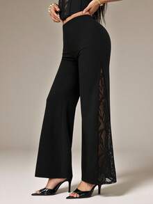 SHEIN PETITE 女士几何蕾丝拼接阔腿针织弹力黑色裤腿裤 - 黑色 - 查看 4