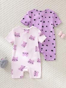 两件套女婴休闲可爱卡通猫咪爱心印花短袖圆领拉链前开轻薄睡衣连体衣，浅紫色柔软针织面料，适合夏季居家睡衣 - 紫色 - 查看 2