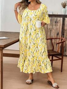 SHEIN CURVE+ 撞色荷叶边印花长款睡裙，完美夏季之选，Moo Moo - 彩色 - 查看 5