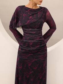 Graceveil Đầm dài kiểu Pháp thanh lịch, chất liệu voan in họa tiết, thiết kế xếp nếp, thích hợp cho tiệc tối. - Nhiều màu - Xem 6