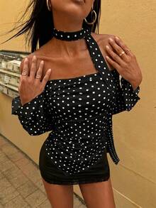 Opulessa Women's Polka Dot Print Off-Shoulder Asymmetric Hem Top - Black - View 5