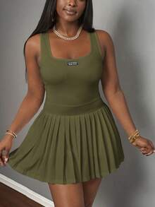 Slaydiva New Spring & Summer Casual Basic U-Neck Racerback Vest With Black Label & White Text, Pleated Skirt Shorts & Culottes, Knit Fabric Women Mini Dress - Army Green - View 7