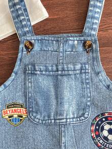 SHEIN Playful Pals 1 chiếc quần yếm denim kiểu retro cho bé trai, in hình khủng long và ô tô hoạt hình dễ thương, chữ cái tiếng Anh, dây đeo có thể điều chỉnh, trang phục thường ngày phối cùng áo thun hoặc áo sơ mi, thoải mái cho mùa hè. Sản phẩm mới - Màu xanh nhạt - Xem 7