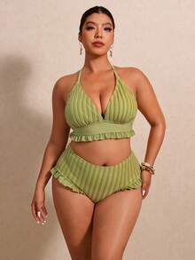 Elaquor Conjunto de bikini de talla grande con volantes, unicolor, con abertura lateral - Verde - Ver 8