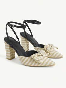 CUCCOO CHICEST Giày nữ cá tính, kẻ sọc, nơ, mũi nhọn, cao gót, chữ in hoa, giày nữ đa năng. - Hạnh nhân - Xem 1