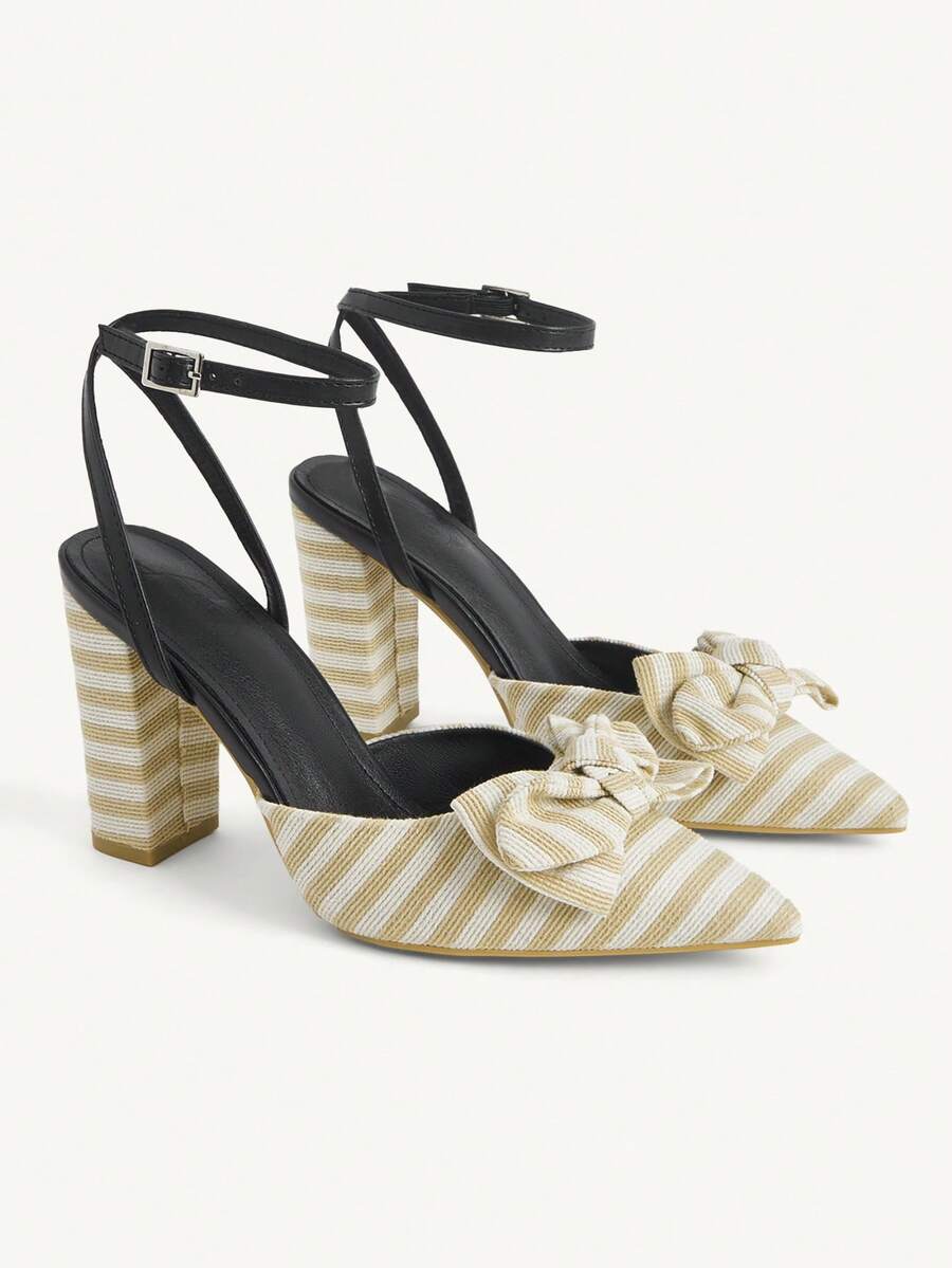 CUCCOO CHICEST Giày nữ cá tính, kẻ sọc, nơ, mũi nhọn, cao gót, chữ in hoa, giày nữ đa năng. - Hạnh nhân - Xem 1