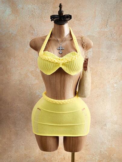 Mistrie 女士毛衣半裙套装，黄色针织扭结设计，高腰针织迷你半裙，沙滩度假套装，度假装，Y2K风格针织套装，音乐节装，休闲度假风套装