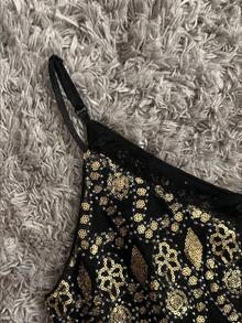 Glimmora Áo hai dây lưới xuyên thấu màu đen đính sequin hình lá và hạt cườm - màu đen - Xem 3