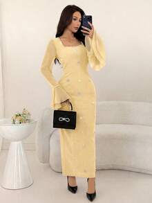 Modelyn Women's Elegant Pale Yellow Summer Party Dress,Rhinestone Flower&Pearl Beaded Chiffon Long Sheer Flared Bell Sleeve Maxi A-Line Formal Prom Dresses - Yellow - View 5