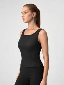 Loungeista 白色无袖女式上衣，新款春夏大号U领背心，女士休闲吊带背心，健身 - 黑色 - 查看 5