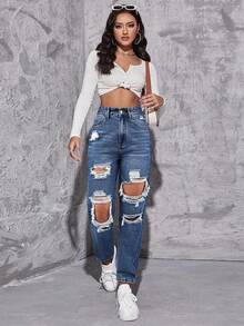 SHEIN EZwear Casual Washed Distressed Tapered Jeans Everyday Blue White Striped Summer - Light Wash - View 6