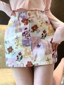 DAZY Chân váy ngắn denim in hoa phong cách thường ngày dành cho nữ, thích hợp cho mùa hè. - trắng - Xem 6