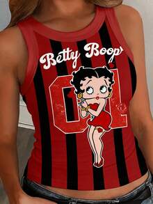 Slaydiva Betty Boop x SHEIN 2026春夏新款大码女装：基础款、休闲可爱黑红条纹大码背心和吊带衫，非常适合夏季穿着，饰有卡通人物图案 - 彩色 - 查看 1