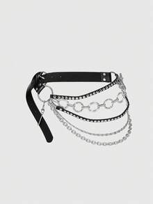 ROMWE Goth 1pc Rivet Eyelet Leather Multi-Layer Heavy Punk Tassel Belt - Rivet Heavy Industry Chain Belt - View 1