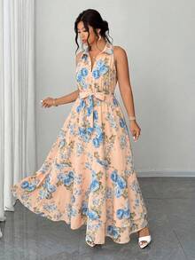 Elenzga Plus Size Women Elegant Romantic Ditsy Floral V-Neck Long Dress - Pink - View 3