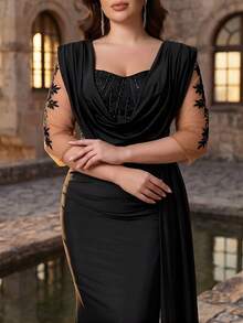 Aureia Plus Size Elegant Black Formal Evening Dress For Spring Luxurious Sequin Applique Satin Plunging Draped Neck 3/4 Sleeve Ruched Mermaid Hem Gown - Black - View 2