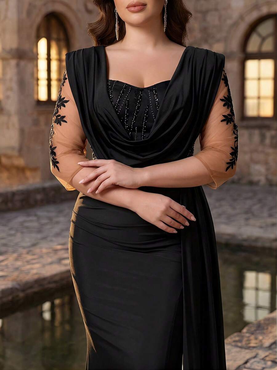Aureia Plus Size Elegant Black Formal Evening Dress For Spring Luxurious Sequin Applique Satin Plunging Draped Neck 3/4 Sleeve Ruched Mermaid Hem Gown