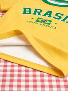 SHEIN Playful Pals 女婴经典英文图案黄色短袖套头T恤，女婴服装，女童套头衫，女童T恤，女婴巴西上衣，适合春夏穿着，尺码6个月至3岁 - 黃色 - 查看 5