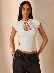 SHEIN BAE Women's Off-White Elegant Hollow Out Ruched Tight Fitting Blouse,Summer Casual Vacation Fashionable Outdoor Work Brunch Basic Essential Daily Top - White - View 4