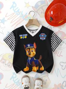 SHEIN | PAW Patrol 男童条纹短袖V领休闲T恤 - 黑色 - 查看 2
