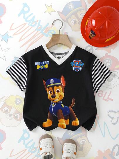 SHEIN | PAW Patrol 男童条纹短袖V领休闲T恤