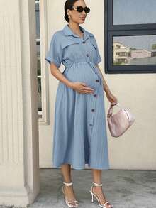 MaterniWear 孕婦蝙蝠袖抽繩腰身襯衫洋裝 女款休閒 Zanea 洋裝 Yisikado 洋裝 商務休閒女裝 春季女裝 夏季端莊女裝 2025 女裝 典雅洋裝 新款女裝 休閒動物園穿搭女裝 - 淺藍色 - 查看 5