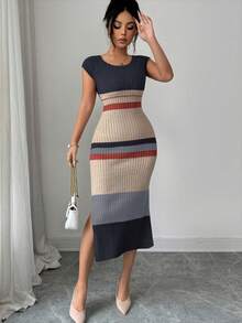 Elenzga Vestido de punto elegante de manga corta con cuello en U, ajustado, de largo medio con abertura en el bajo, diseño de rayas, estilo versátil de señora, nuevo para primavera/verano - Multicolor - Ver 5