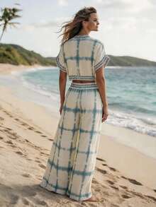 SHEIN LUNE Women's Summer Beige Boho Breezy Beach Vacation Holiday Outfits, V-Neck Loose Cropped Top And Wide Leg Pants Set, Urban Chic Elegant Party Wear - Blue - View 2