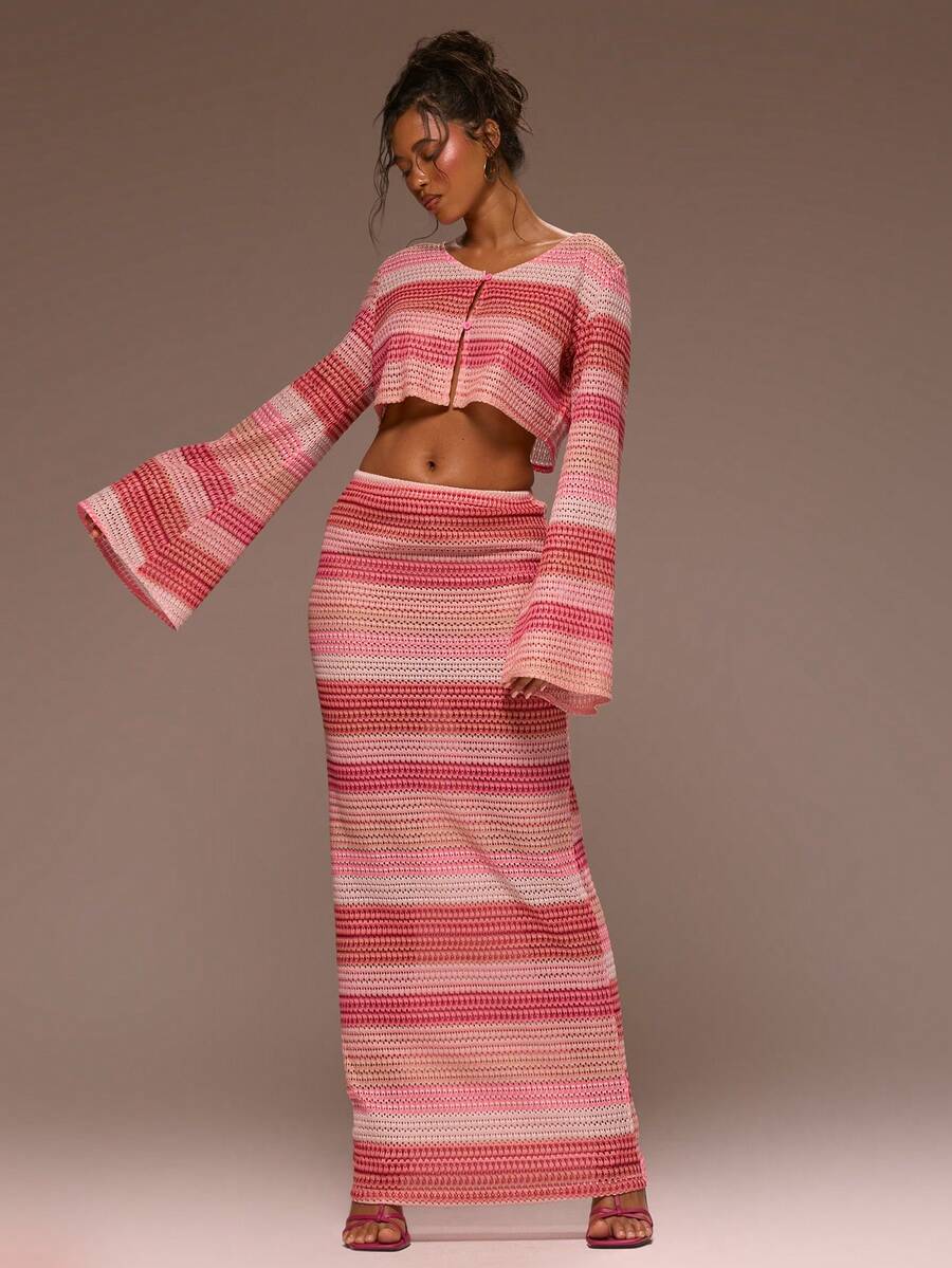 MUSERA Falda larga con textura y estampado de rayas de baja cintura, solo para ocasiones femeninas, primavera, verano, vacaciones, salidas nocturnas, bonita, Arenas Doradas - Multicolor - Ver 1