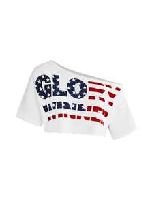 ROMWE Grunge Punk 女士不对称领口短款英文标语印花T恤 - 彩色 - 查看 3