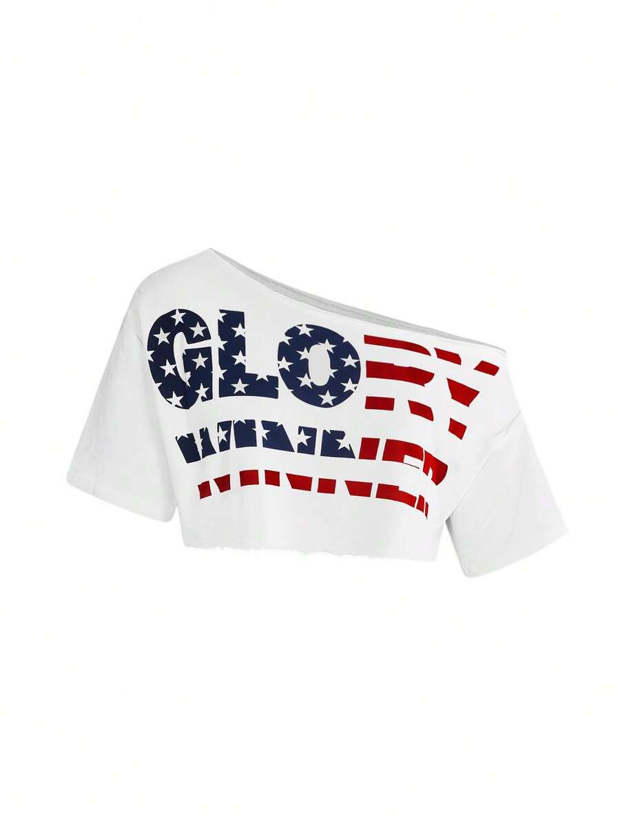 ROMWE Grunge Punk Asymmetric Neck Cropped English Slogan Print T-Shirt For Women - Multicolor - View 1