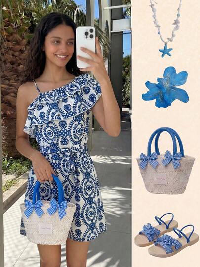 Teen Girls' Traditional Blue Floral Retro Print Asymmetric-Shoulder Sleeveless Jumpsuit, Suitable For Vacation, Beach, Casual Party, Travel, Spring/Summer