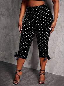 SHEIN SXY 大码女式休闲复古波点印花蝴蝶结装饰七分裤，适合日常通勤 - 黑色 - 查看 3