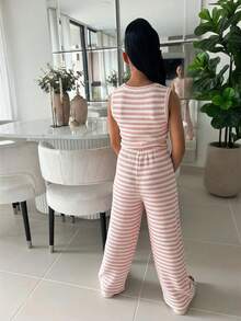 SHEIN 2件套少女黑白条纹宽松背心+阔腿裤，2026春夏新款时尚百搭套装 - 粉色 - 查看 2