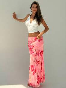 SHEIN Tall CURVE 大尺碼女款高個花卉夏季波希米亞風海灘度假 Y2K 高腰優雅長裙，適合派對、婚禮賓客、度假 - 粉色 - 查看 6