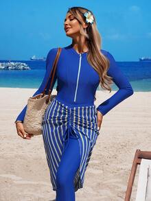 Swim Shayni 3pcs Women Royal Blue Burkini Set, And White Striped Textured Skirt, Modest Sporty Muslim Swimwear, Summer Holiday Beach Pool Party Party Outfit - Blue - View 4