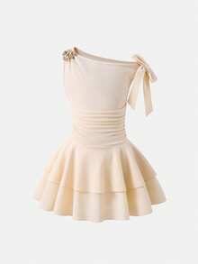 Emery Rose Kids Đầm dệt kim màu trơn, vai lệch, xếp ly, kiểu dáng thường ngày cho bé gái tuổi teen. - Nhiều màu - Xem 4