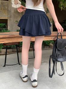 DAZY 女款純色蛋糕裙附安全內褲校園風 - 藏蓝色 - 查看 2